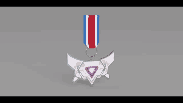 a 3d model of a medal with a red , white , and blue ribbon .