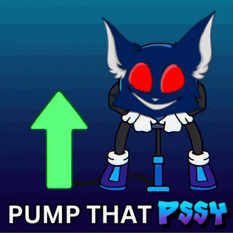 a blue cat with red eyes is pumping a green up arrow