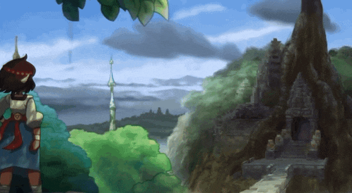 a painting of a girl looking at a mountain with a tower in the distance