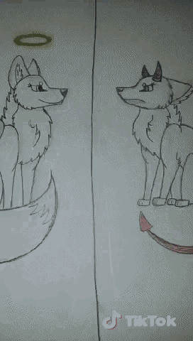 a drawing of a fox with an angel halo and a drawing of a fox with horns