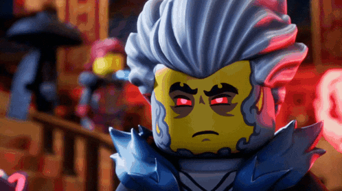a close up of a lego character with a beard and red eyes