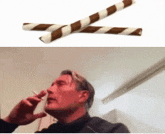 a man smoking a cigarette next to a picture of wafer sticks