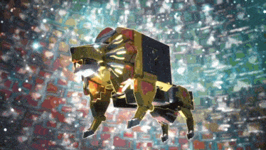 a robotic lion with the letter t on its head is flying through the air