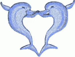 two blue dolphins are kissing in a heart shape .