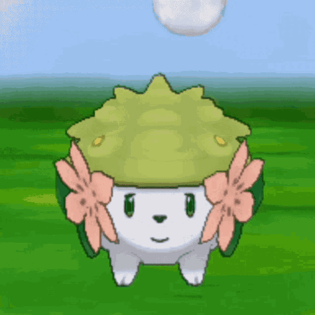 a green and white cartoon character with flowers on his head