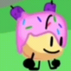 a cartoon character wearing a pink hat with purple sprinkles on it