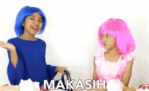 a girl with blue hair and a girl with pink hair are standing next to each other and the word makasih is on the bottom