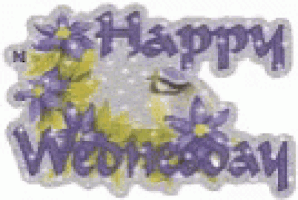 a happy wednesday sticker with purple and yellow flowers