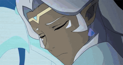 a close up of a person 's face with their eyes closed and a crown on their head .
