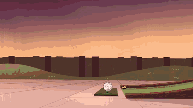 a cartoon illustration of a golf course with a purple sky in the background