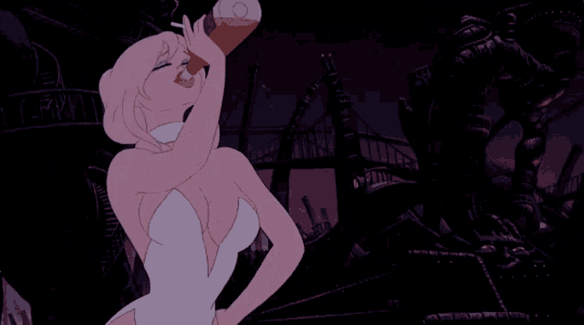 a cartoon of a woman in a white dress drinking from a glass