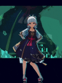a cartoon girl in a blue dress is standing in front of a large robot
