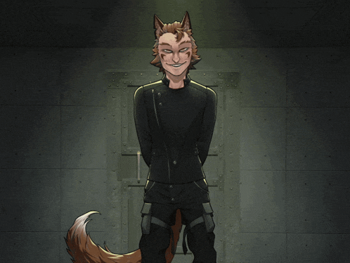 a cartoon drawing of a fox in a black jacket and pants