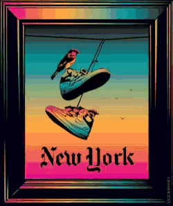 a picture of a pair of shoes hanging on a clothes line with the word new york written on the bottom