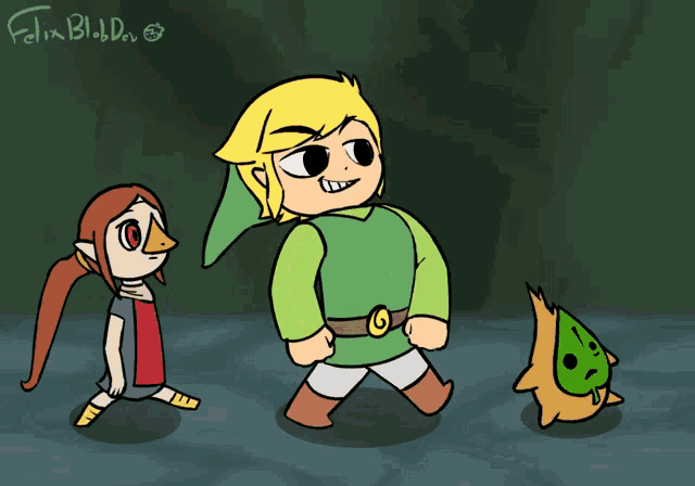 a cartoon drawing of link and two other characters with felix blood written on the bottom