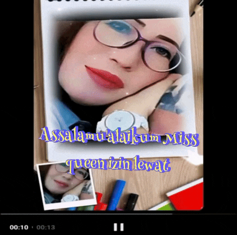 a picture of a woman wearing glasses with the words assalamualaikum miss queen izin lewat