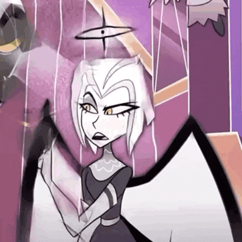 a cartoon character with white hair and wings is holding a puppet in her hands .