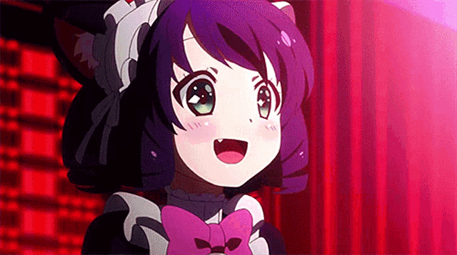 a girl with purple hair and green eyes is wearing a maid outfit and smiling .