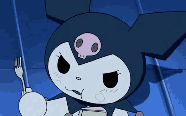 a cartoon character with a skull on his head is holding a fork in his hand