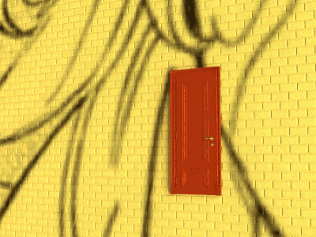 an orange door with a drawing of a woman smiling on it