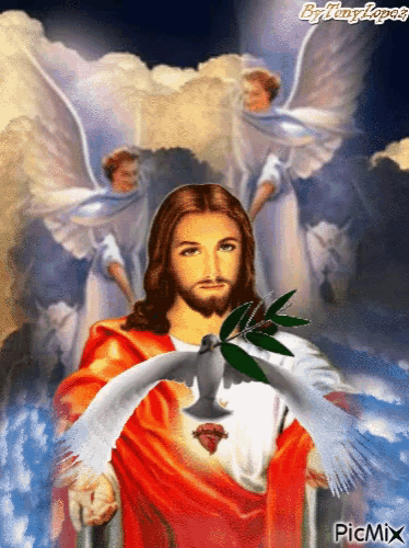 a painting of jesus with a dove and angels behind him