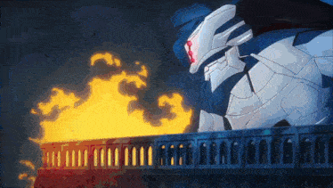 a robot is standing on a balcony with fire coming out of it