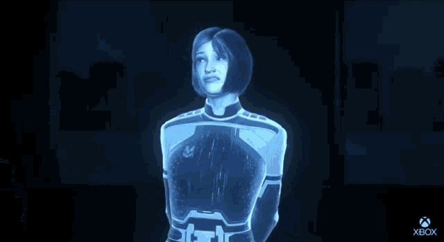 a woman in a futuristic outfit is standing in front of a xbox logo