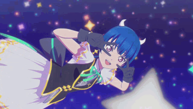 a blue haired anime character with horns is flying through the air