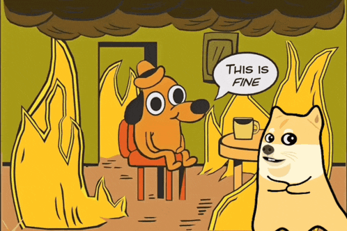 a cartoon of a dog sitting in front of a fire saying " this is fine "