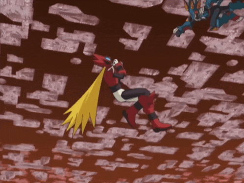 a cartoon character in a red and black suit with a yellow tail