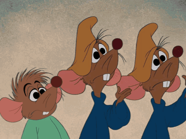 three cartoon mice are standing next to each other and looking up