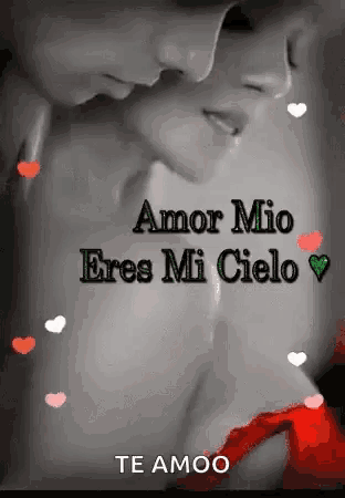 a black and white photo of a man and a woman with the words amor mio eres mi cielo