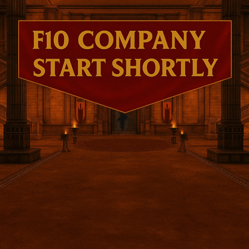 a sign that says f10 company start shortly in front of a hallway