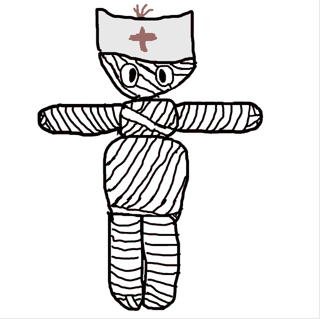 a black and white drawing of a mummy wearing a white hat with a red cross on it