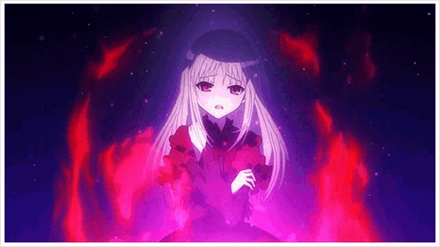 a girl with white hair and a red dress is surrounded by red fire