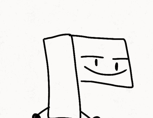 a black and white drawing of a block with a smiling face and arms .