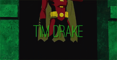 a cartoon character named tim drake is standing in front of a green background