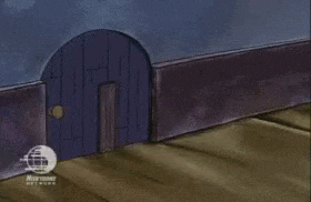 a cartoon character is standing in front of a door with a mouse behind him .