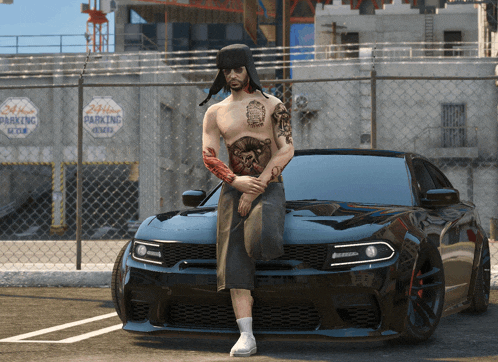 a man with a tattoo on his chest stands in front of a car