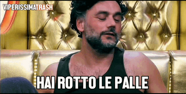 a man with a beard is sitting on a couch and says hai rotto le paille