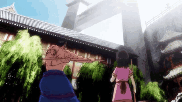 a man with a tattoo on his back is holding a stick in front of a girl in a pink dress