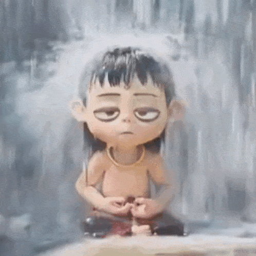 a cartoon character is sitting under a waterfall in the rain .