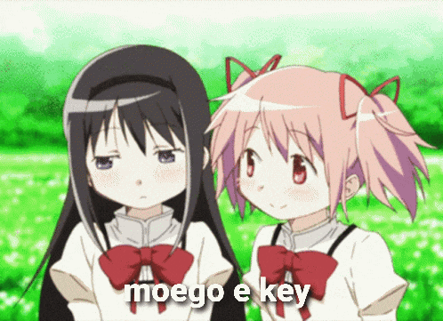 two anime girls are standing next to each other with the words moego e key written on the bottom