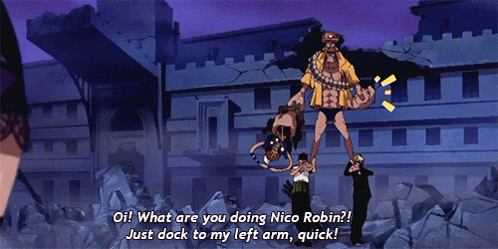 a cartoon character says " what are you doing nico robin ? just dock to my left arm quick ! "