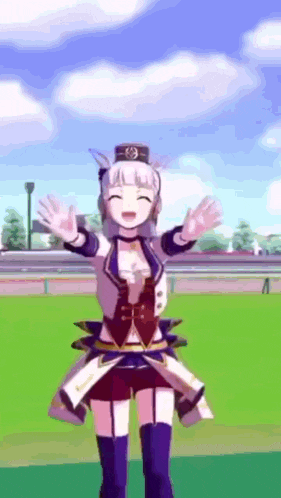a girl is standing on a field with her arms outstretched .