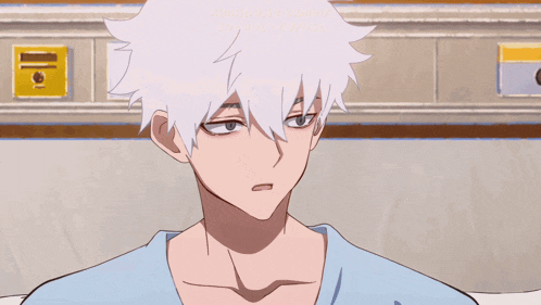 a cartoon character with white hair is sitting in a hospital bed