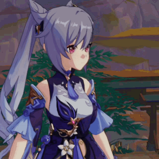 a girl with purple hair and pink eyes is wearing a purple outfit