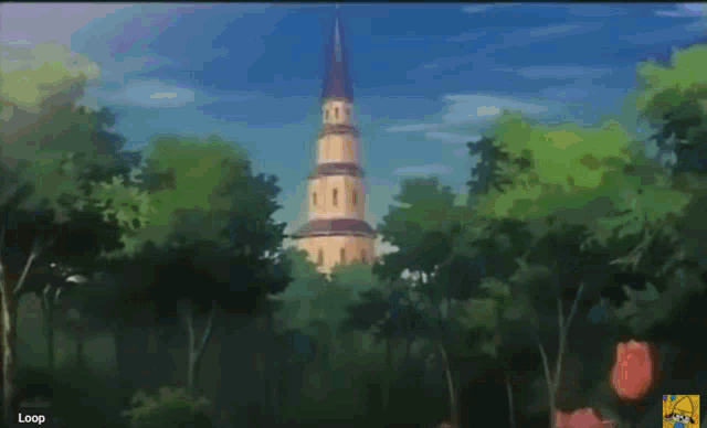 a tower in the middle of a forest with flowers in front of it