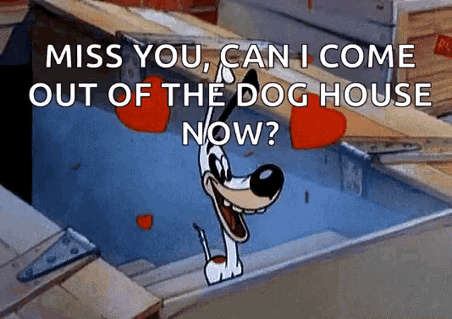 a cartoon dog is saying " miss you can i come out of the dog house now ? "