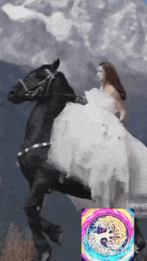 a painting of a woman in a white dress riding a black horse